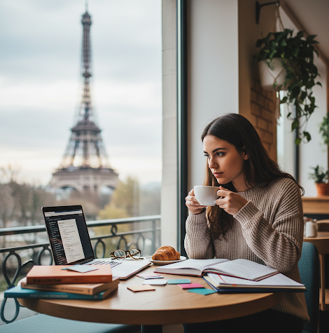Estudante estrangeira em cafeteria em Paris estudando francês com laptop e livros