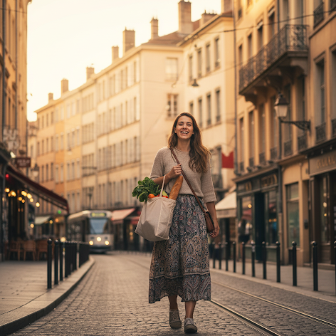 Jovem au pair caminhando em Lyon, França, sorrindo e carregando sacola de compras