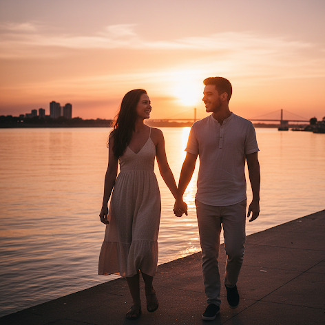 Casal brasileiro jovem caminhando à beira do rio em Encarnación, Paraguai, ao pôr do sol