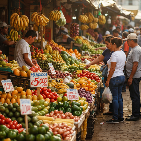 Mercado local no Paraguai com frutas, legumes e preços em guaranis