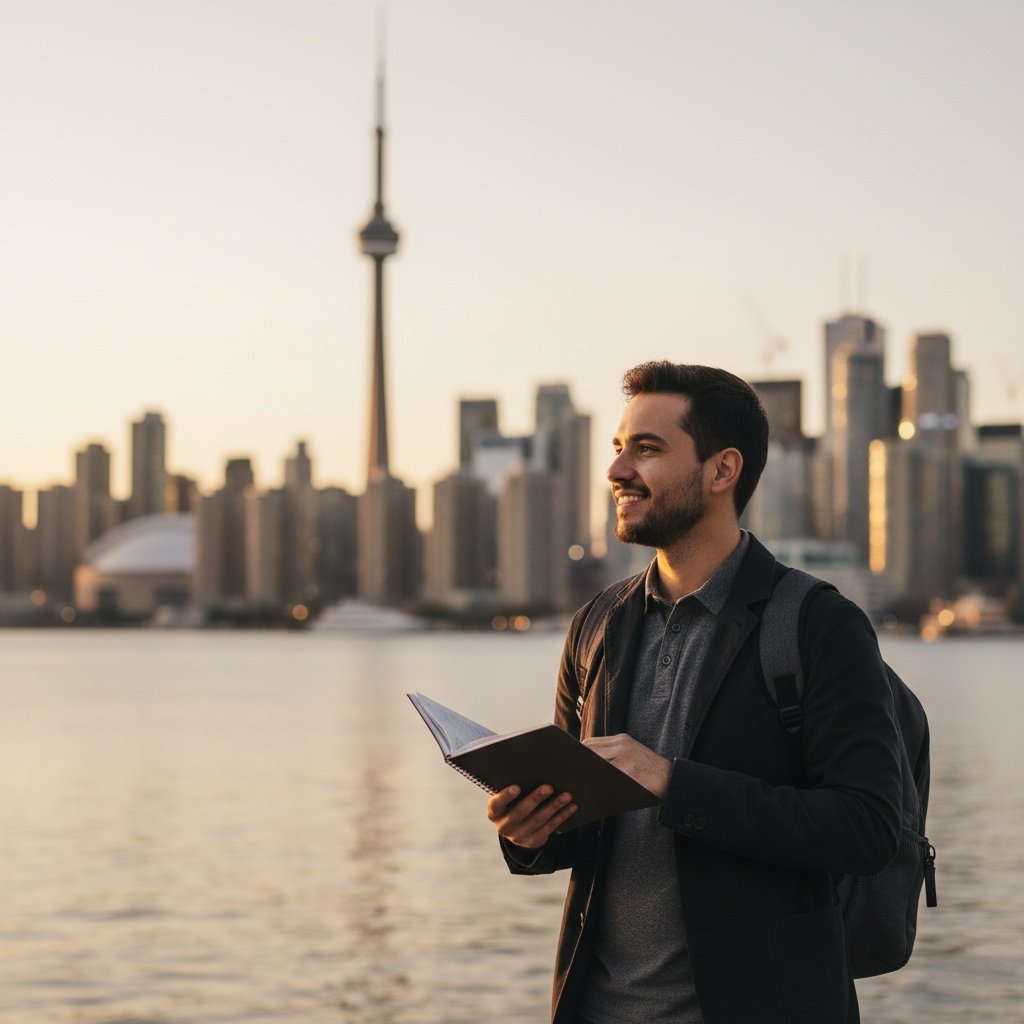 Jovem brasileiro ao lado do waterfront de Toronto após estudar inglês