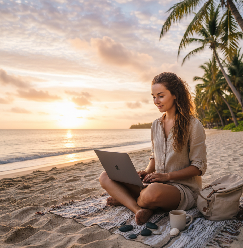 Jovem nômade digital trabalhando de um laptop à beira-mar