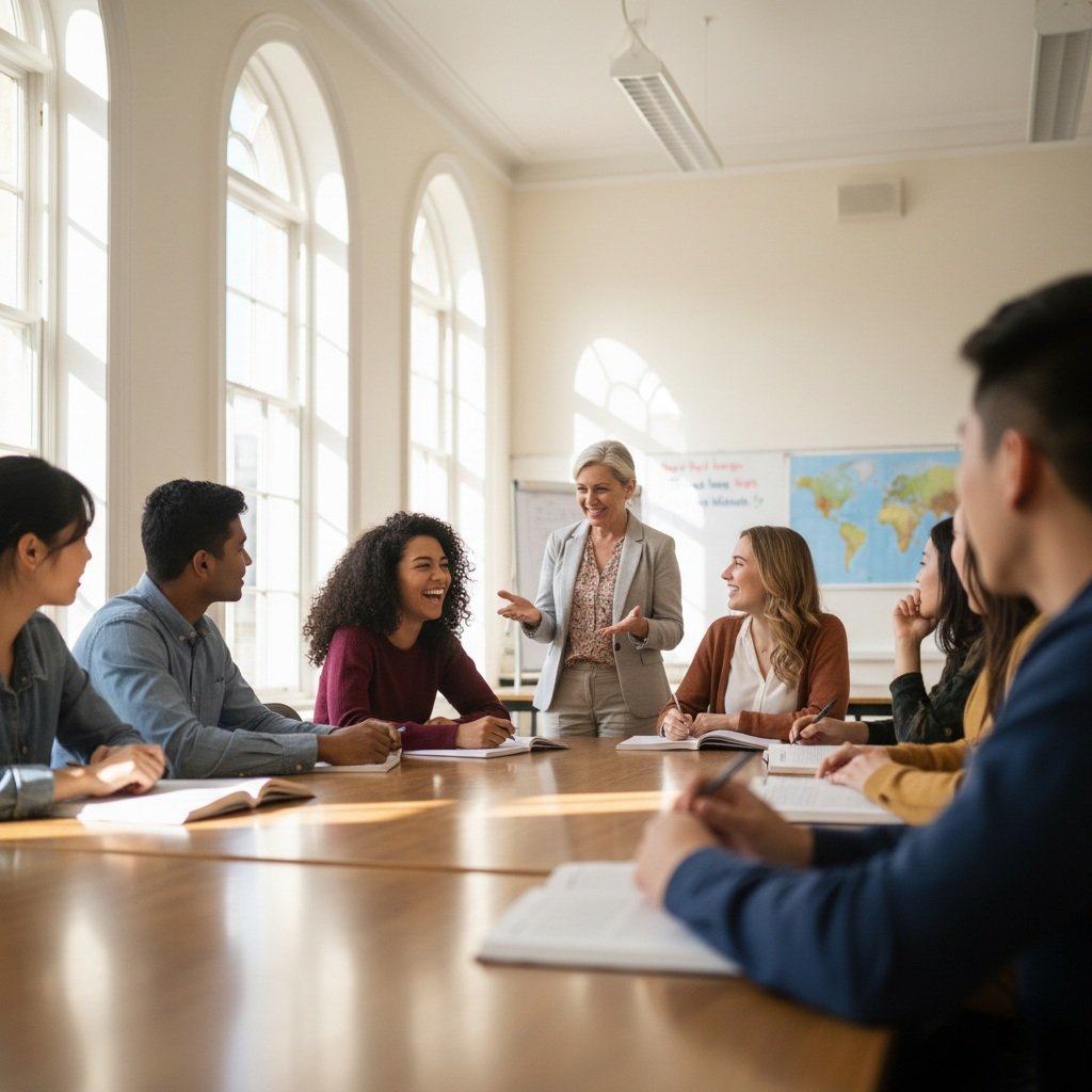 Estudantes internacionais em aula de inglês no exterior